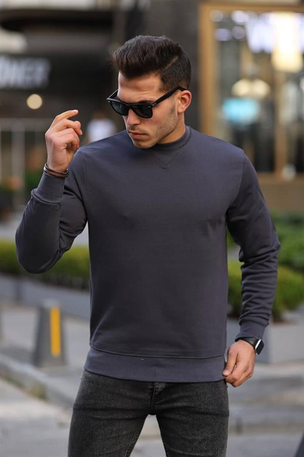 Crew Neck Basic Sweatshirt - Smoked