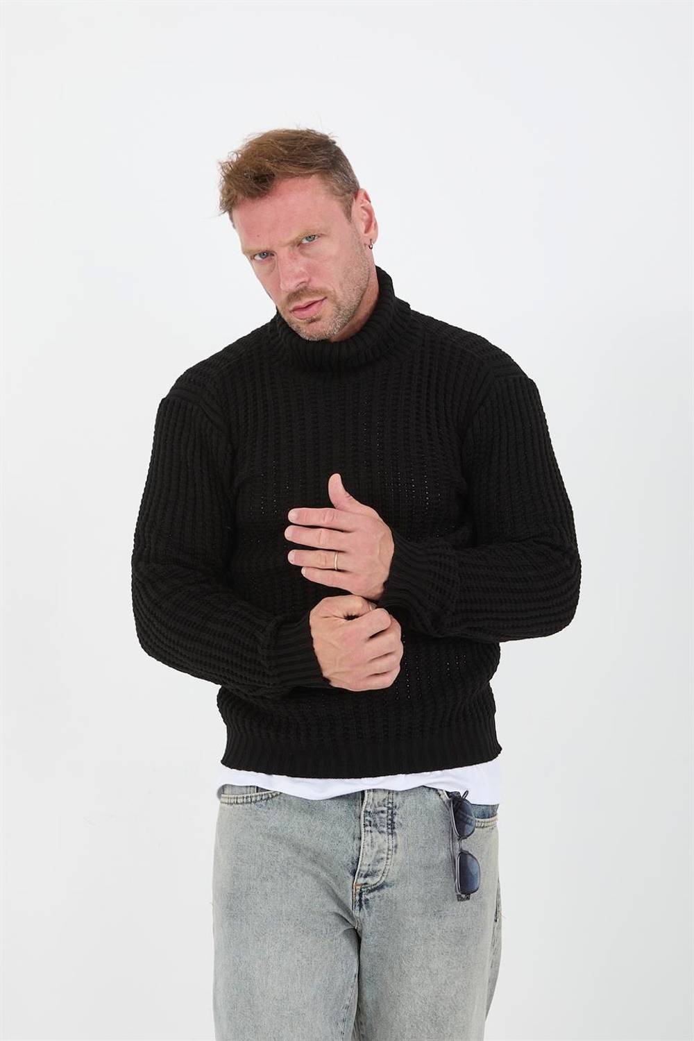 Nopenli Fitil Örgü Balıkçı Kazak - Siyah