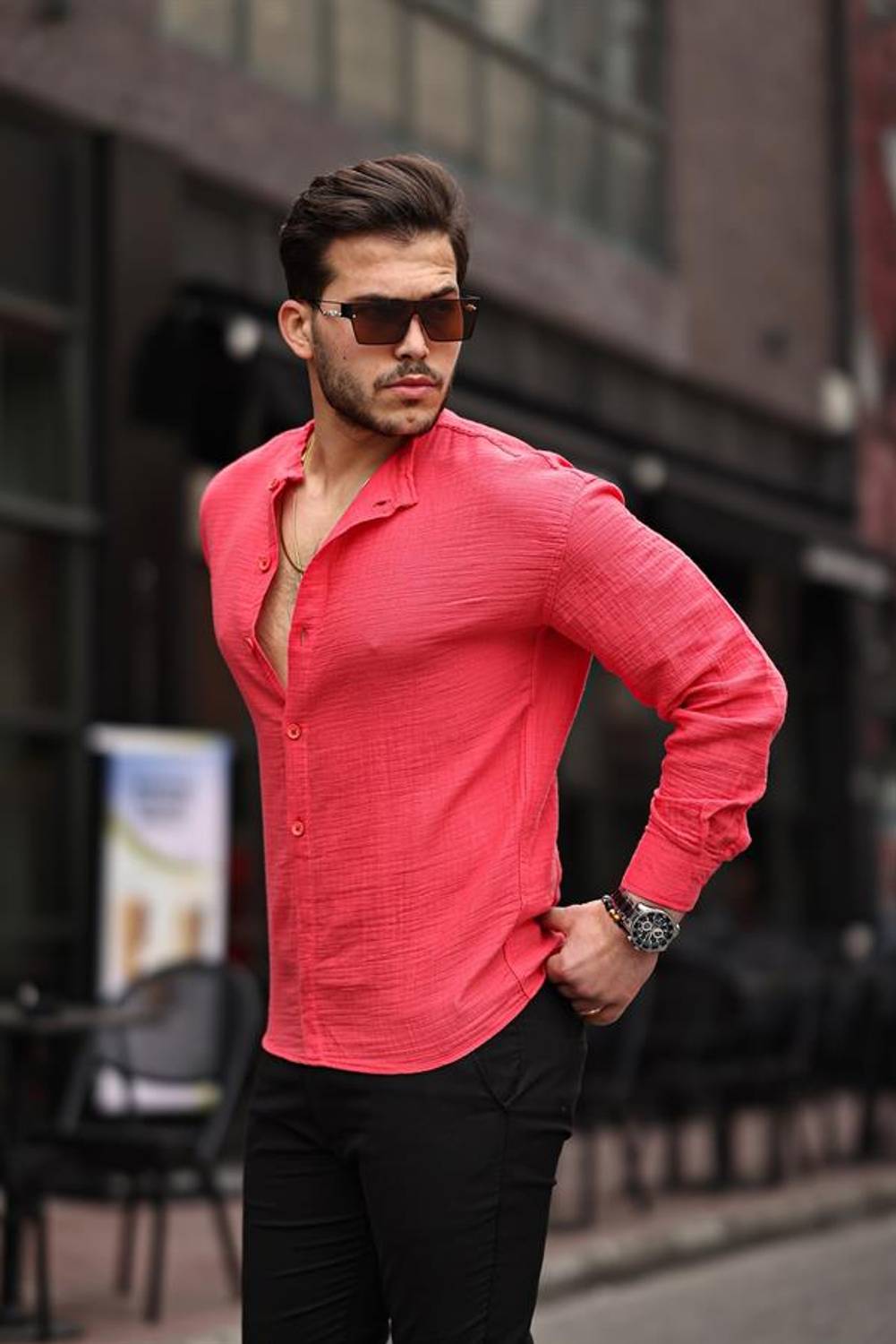 Yarım Pat Hakim Yaka Oversize Müslin Kumaş Gömlek- Kırmızı