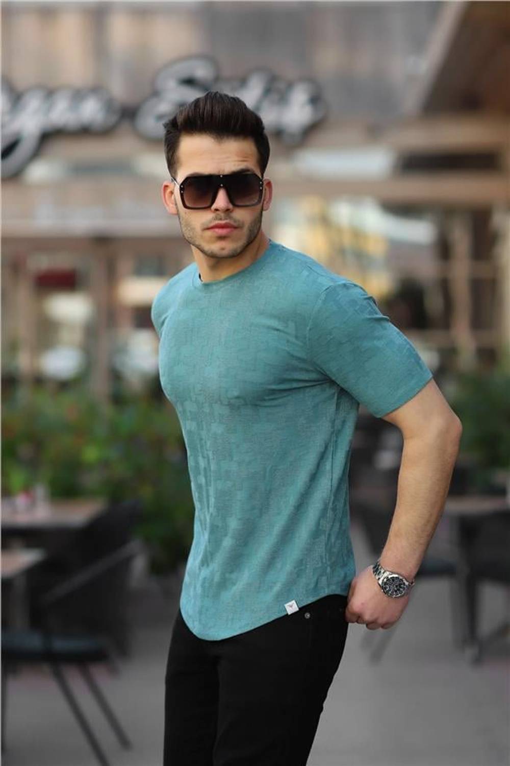 Jakarlı Desenli Bisiklet Yaka T-shirt - Petrol