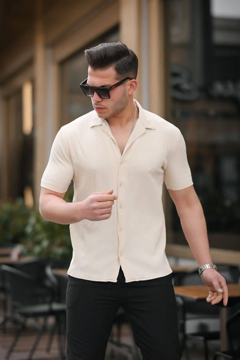 Premium Patterned Short Sleeve Shirt - Beige