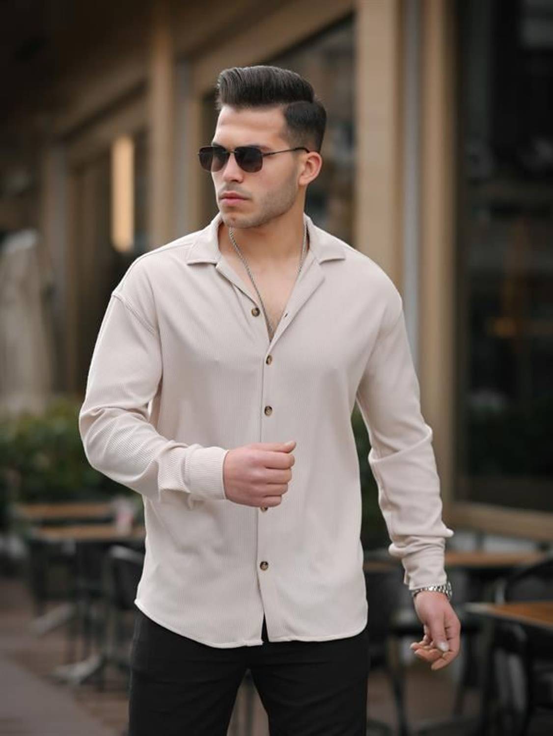 Striped Bowling Collar Long Sleeve Shirt- Beige