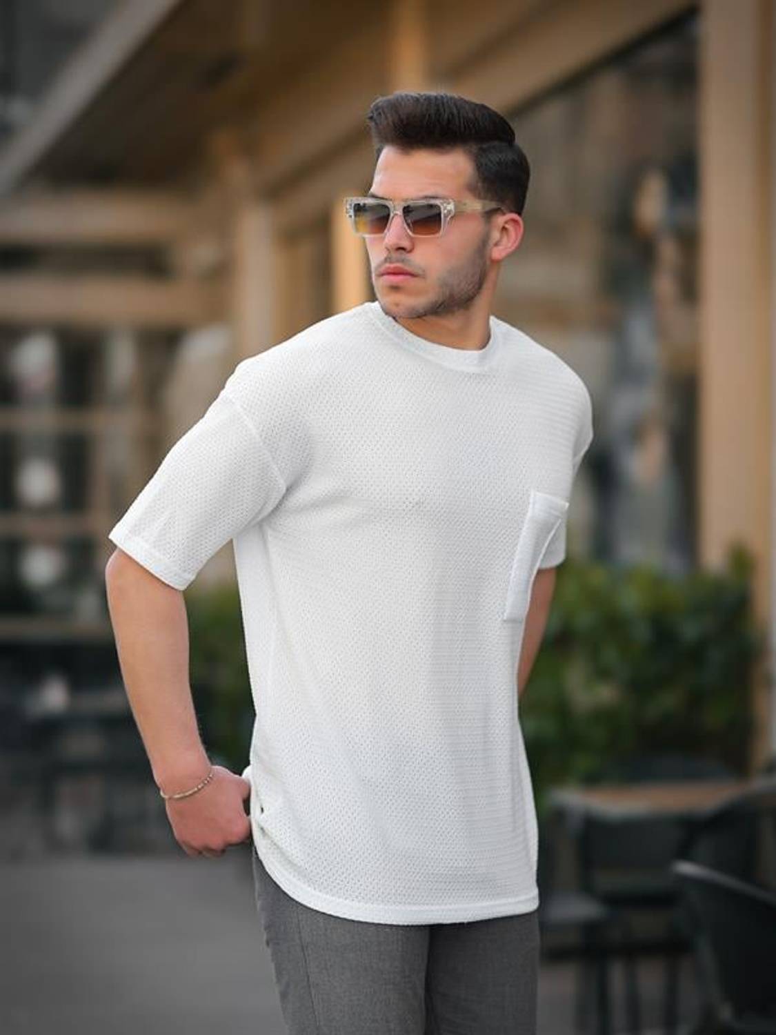 Oversize Knitted T-shirt with Pocket Detail - White