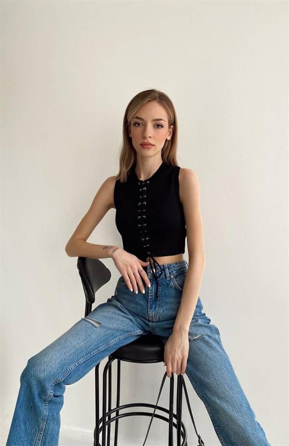 Блуза-атлет з візерунком "пташине око" - стандартний розмір, чорна