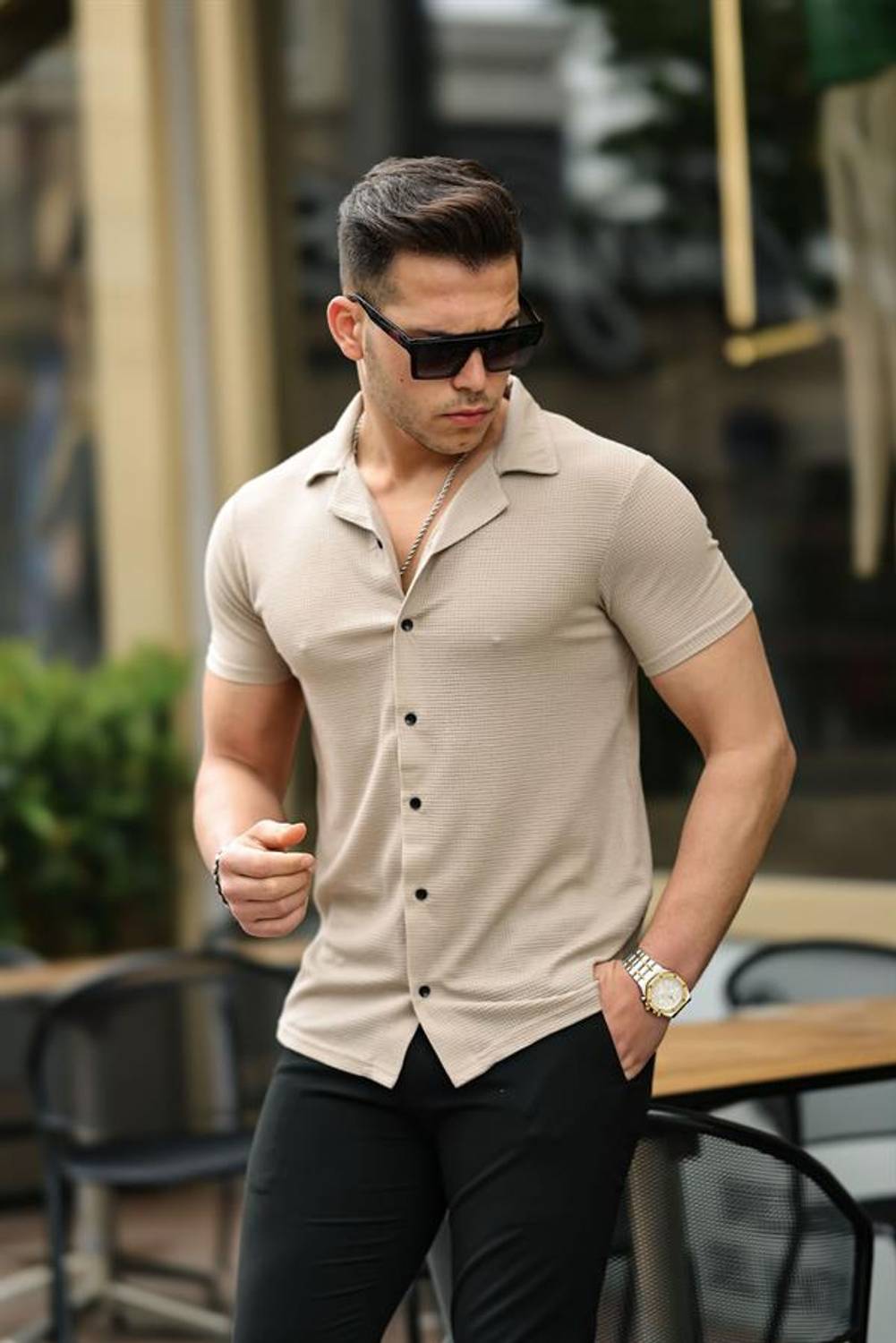 Gofret Desen Kısa Kol Fit Gömlek - Bej