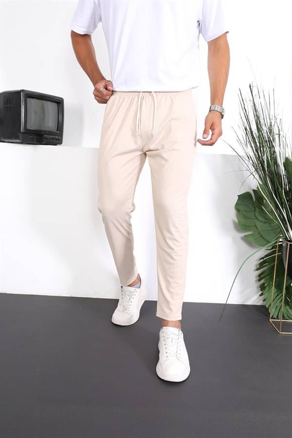 Premium Striped Linen Trousers - Beige
