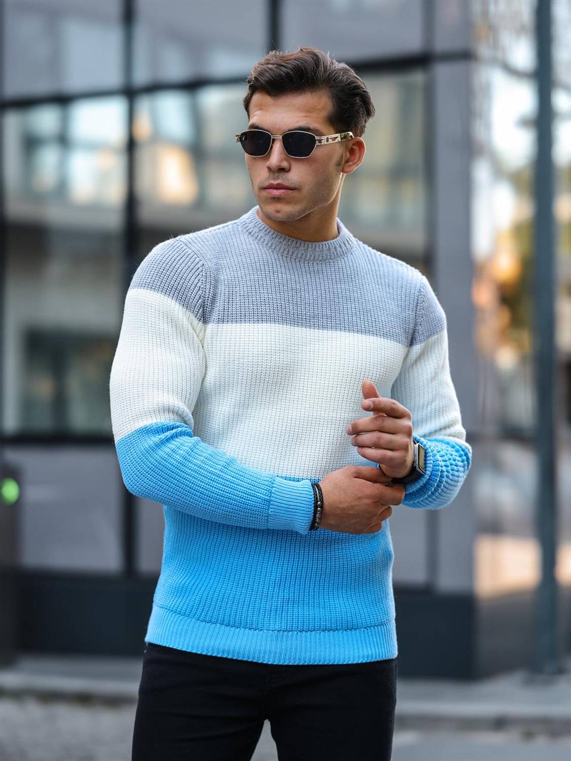 Piece Pattern Crew Neck Sweater - Blue