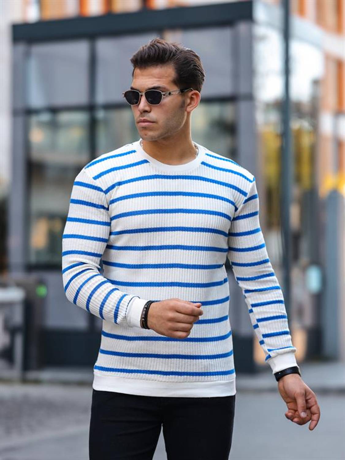 Yatay Şeritli Bisiklet Yaka Kazak - Mavi