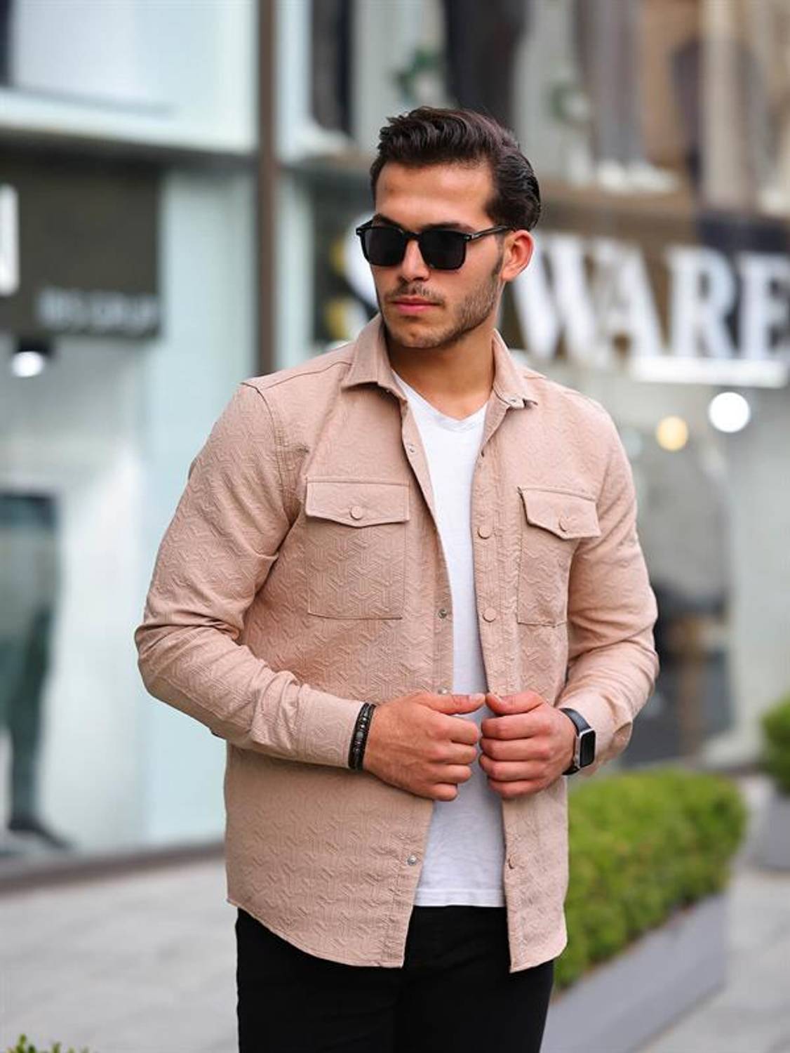 Çift Cepli Çubuk Desen Kapitone Gömlek/Ceket - Bej