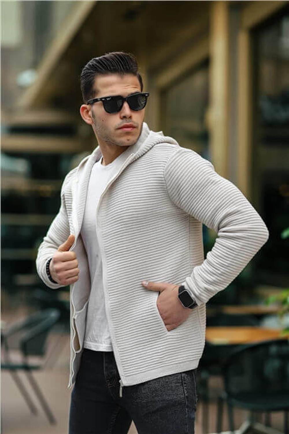 Zippered Ladder Knit Hooded Knitwear Cardigan/Jacket - Stone