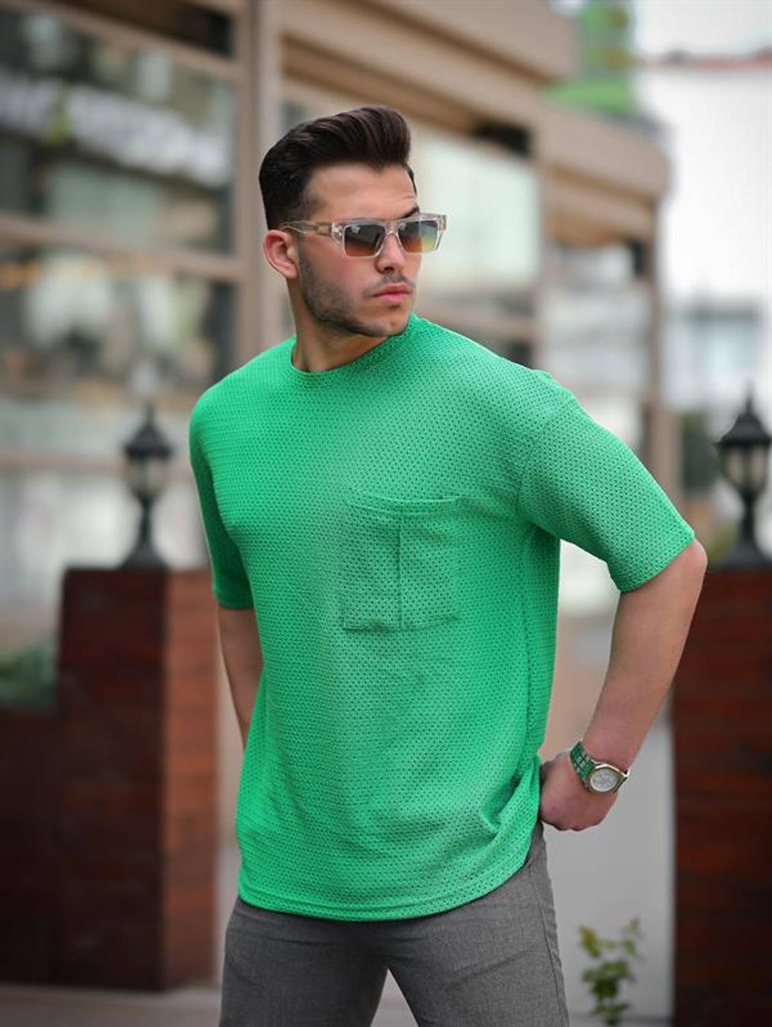 Oversize Knitted T-shirt with Pocket Detail - Green