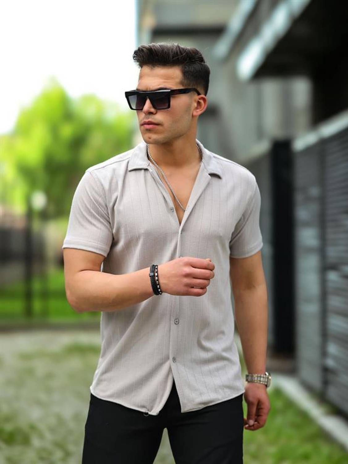 Stripe Patterned Short Sleeve Fit Shirt - Gray