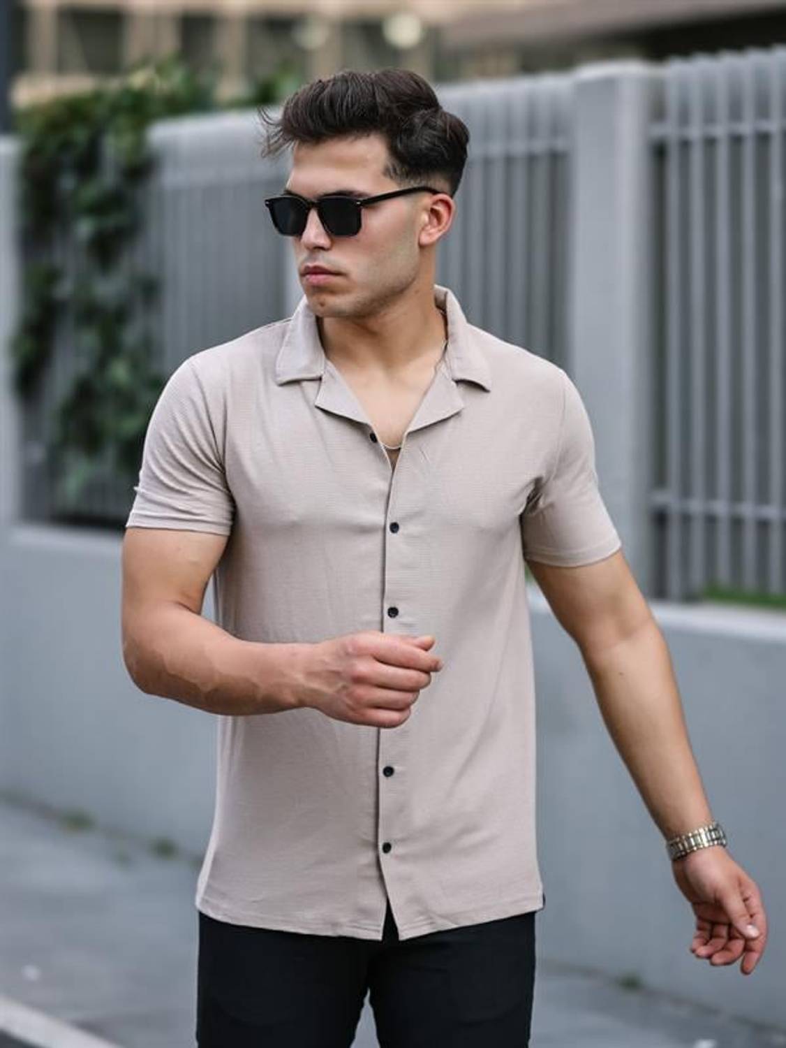 Premium Textured Short Sleeve Fit Shirt - Beige