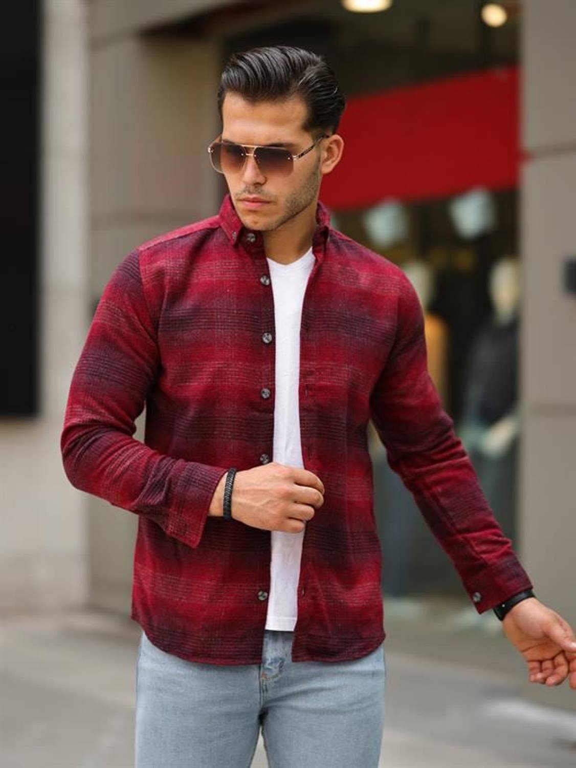 Şeritli Oduncu Fit Gömlek -  Kırmızı