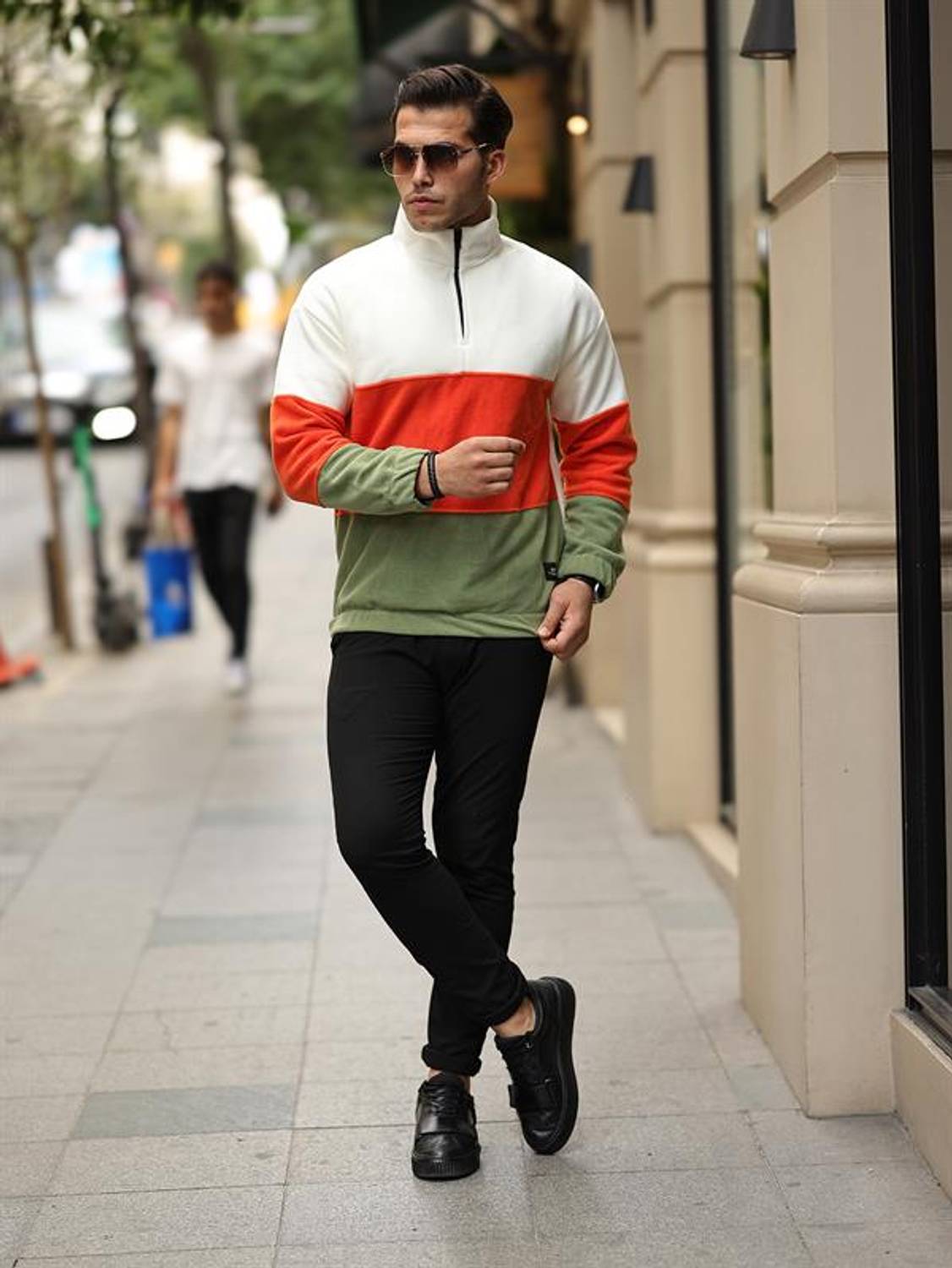 Piece Pattern Half Zipper Fleece Sweatshirt - Ecru/Orange/Khaki