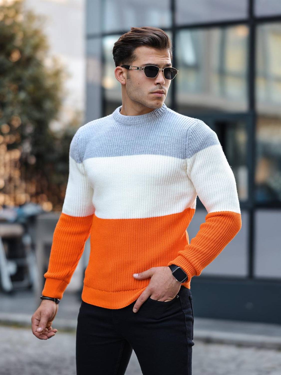 Светр з принтом, круглий виріз - помаранчевий, акриловий, теплий, стильний, розміри XL, L, M