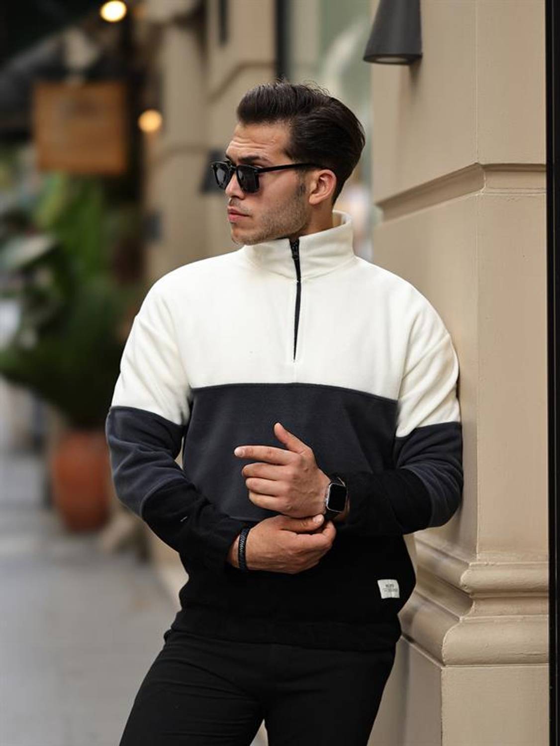 Piece Pattern Half Zipper Fleece Sweatshirt - Ecru/Smoked/Black