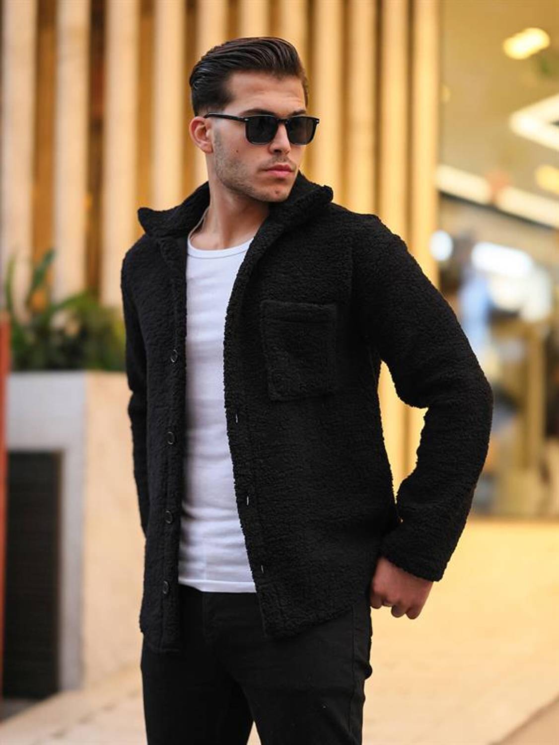 Single Pocket Plush Jacket - Black