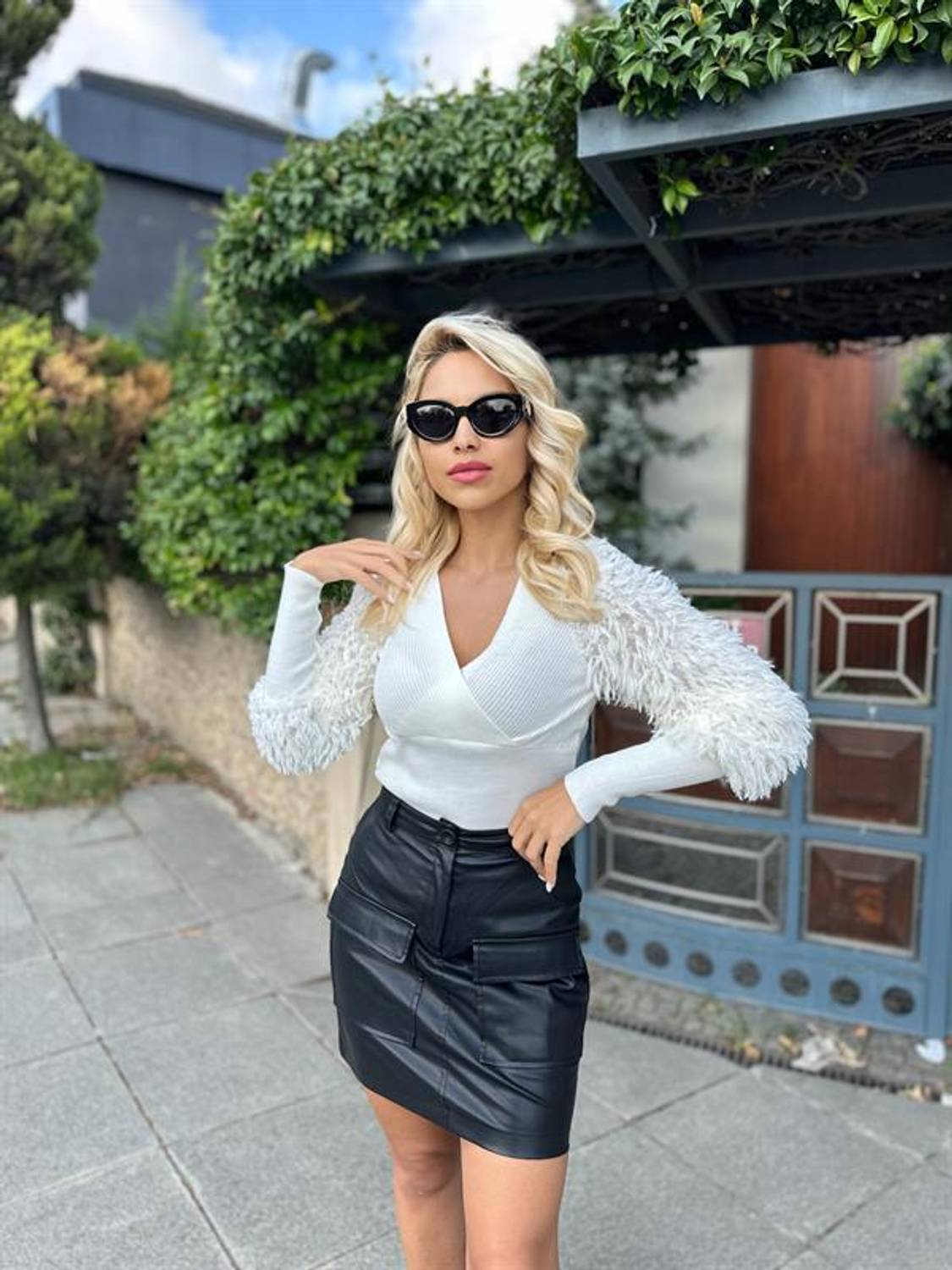 Double Breasted Sweater with Fur Sleeves - White