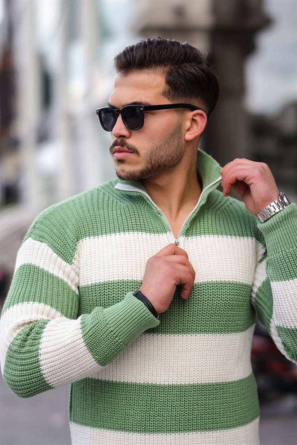 Half Zipper Striped Knitwear Sweater - Green