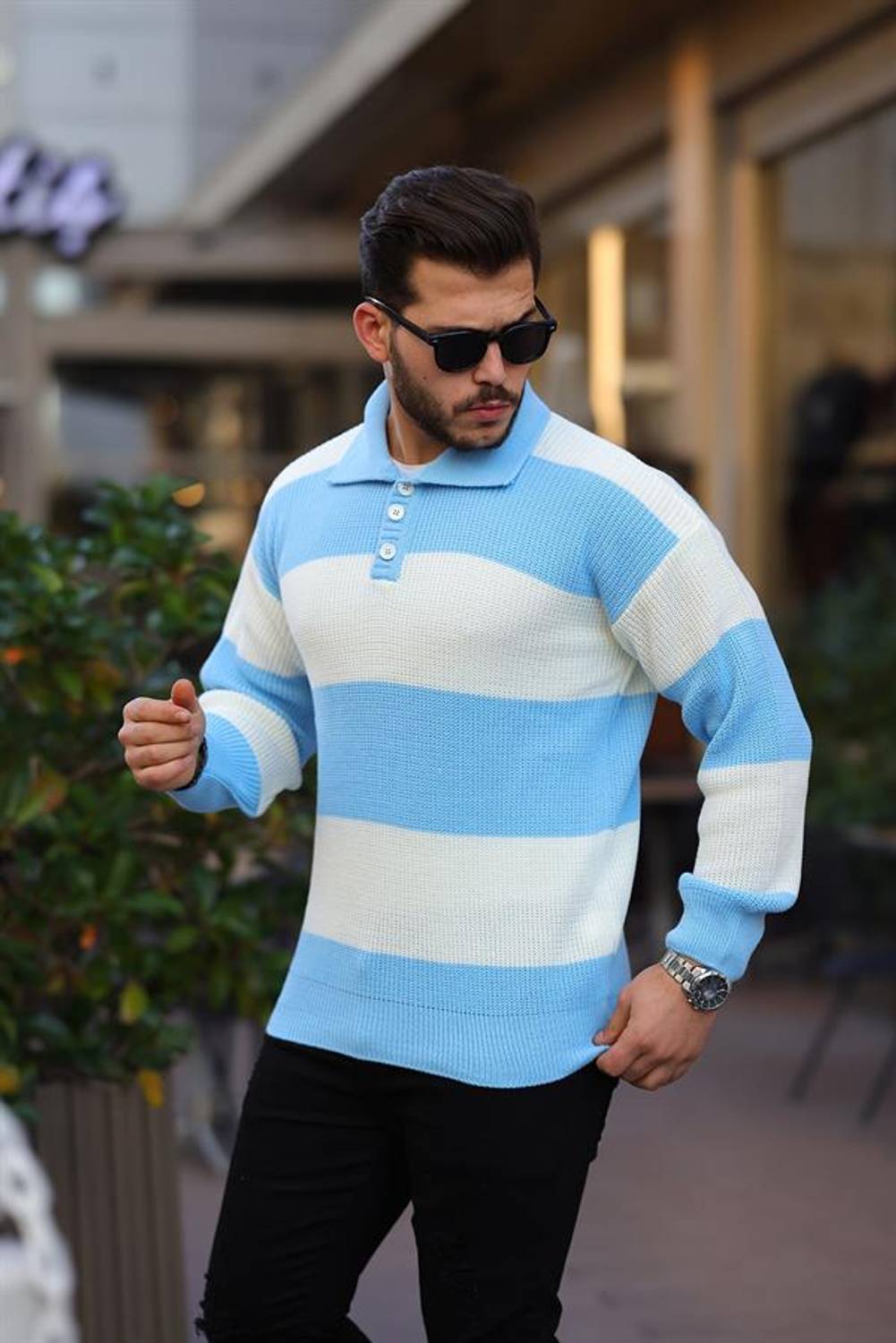 Buttoned Polo Neck Half Oversize Striped Knitwear Sweater - Blue