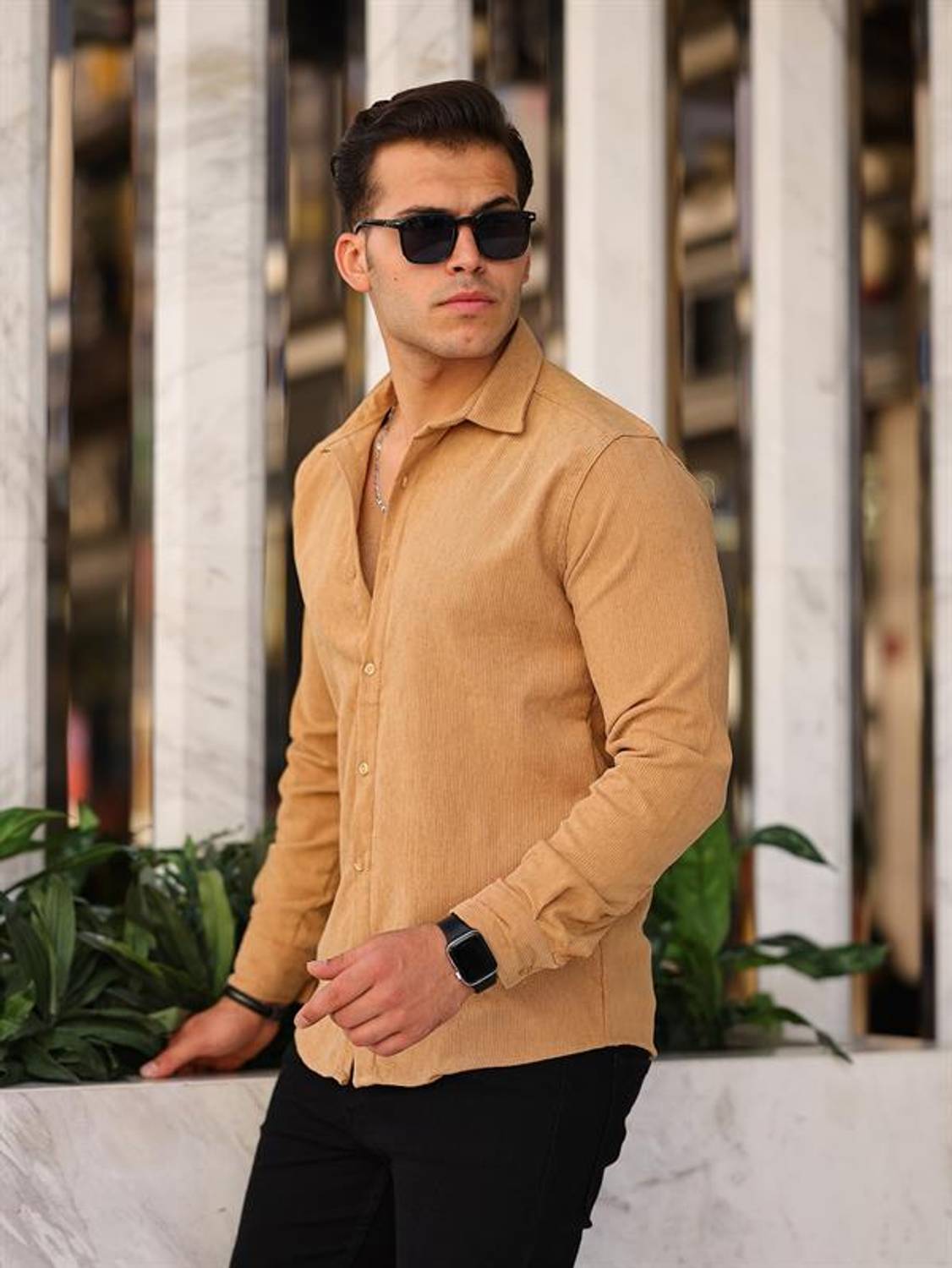 Desenli Düz Kadife Gömlek - Bej