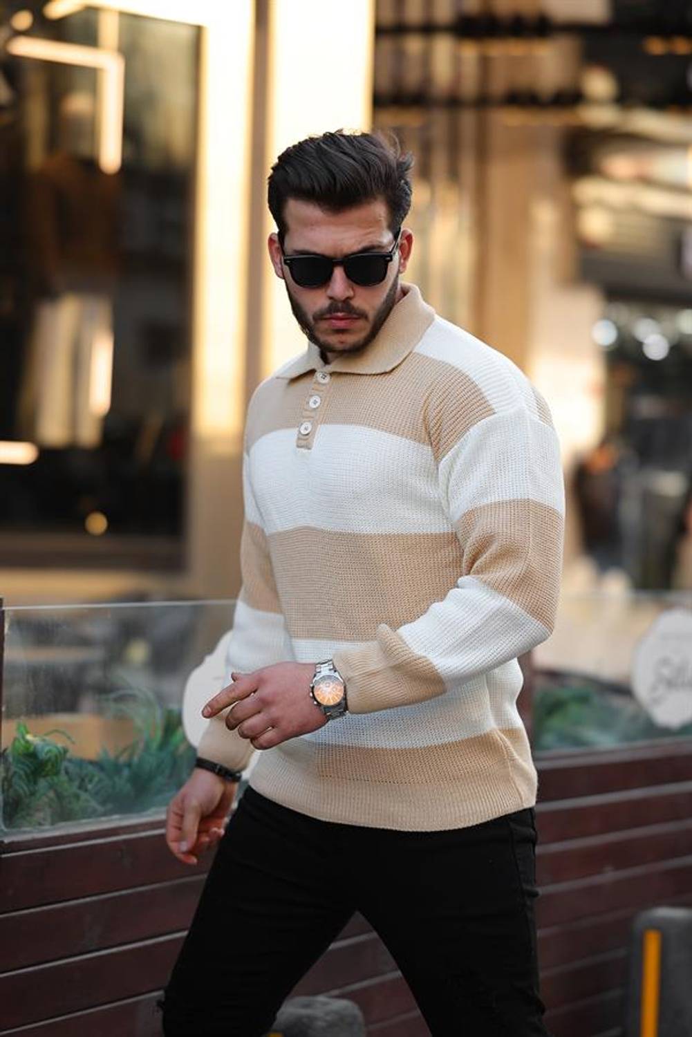 Buttoned Polo Neck Half Oversize Striped Knitwear Sweater - Beige