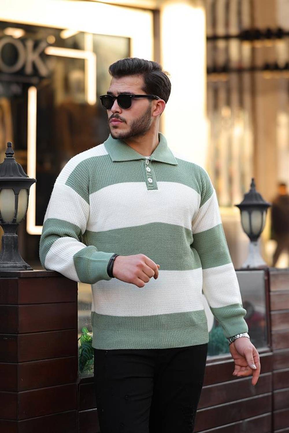 Buttoned Polo Neck Half Oversize Striped Knitwear Sweater - Green