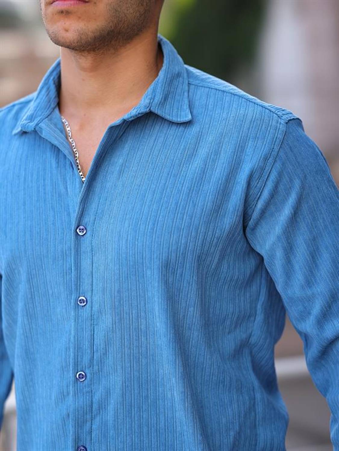 Premium Şeritli Kadife Gömlek - Mavi