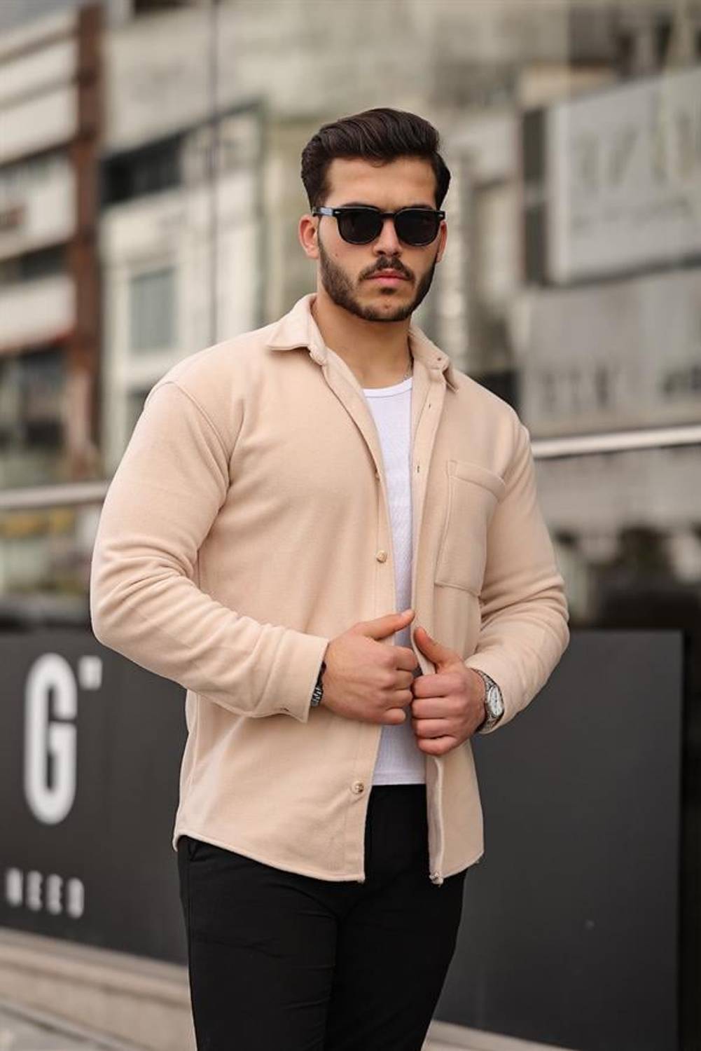 Single Pocket Fleece Shirt - Light Beige