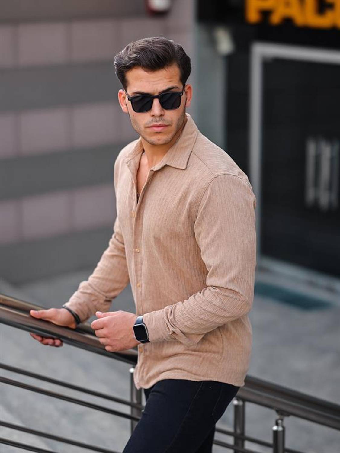 Premium Striped Velvet Shirt - Beige