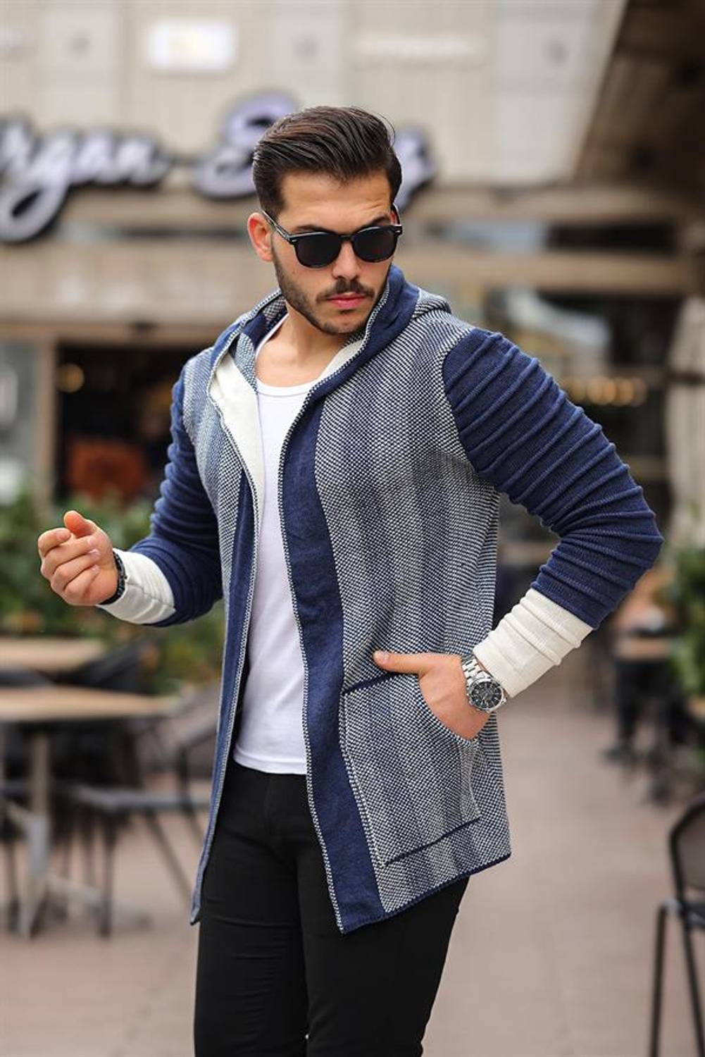 Poncho Cardigan with Patterned Sleeves - Indigo