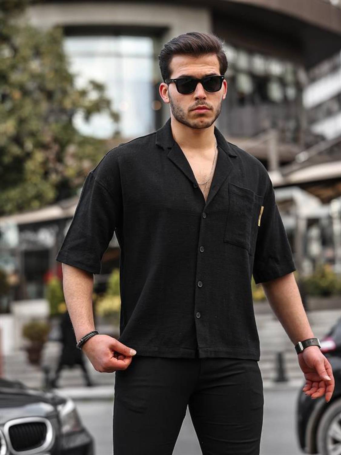 Apaş Collar Premium Short Sleeve Linen Shirt - Black