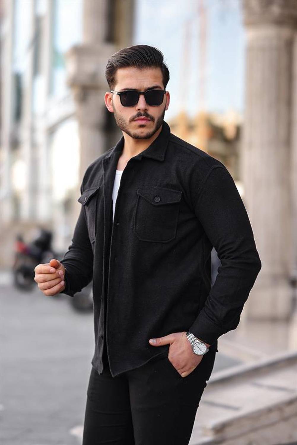 Çift Cepli Düğmeli Kaşe Gömlek - Siyah