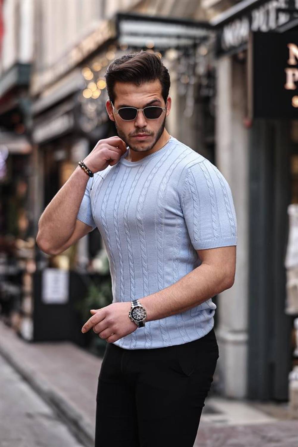 Hair Knit Fit Cut Crew Neck Knitwear T-Shirt - Light Blue