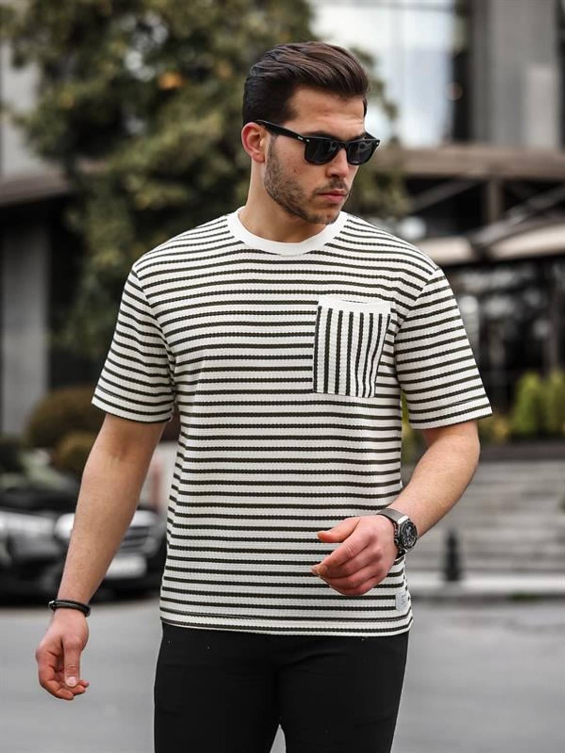 Crew Neck Single Pocket Striped T-Shirt - Khaki