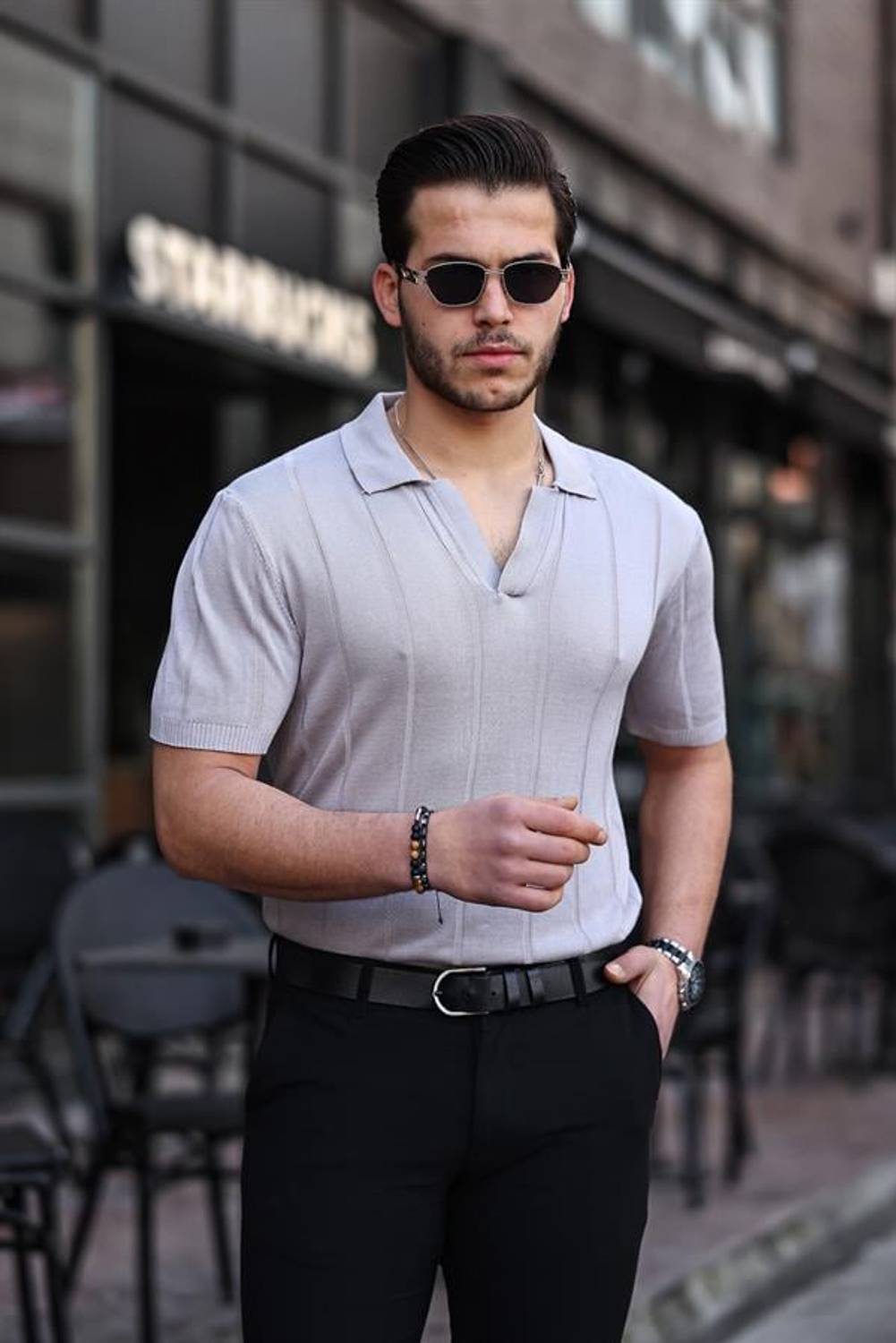 Viskon V Yaka Rahat Triko - Gri