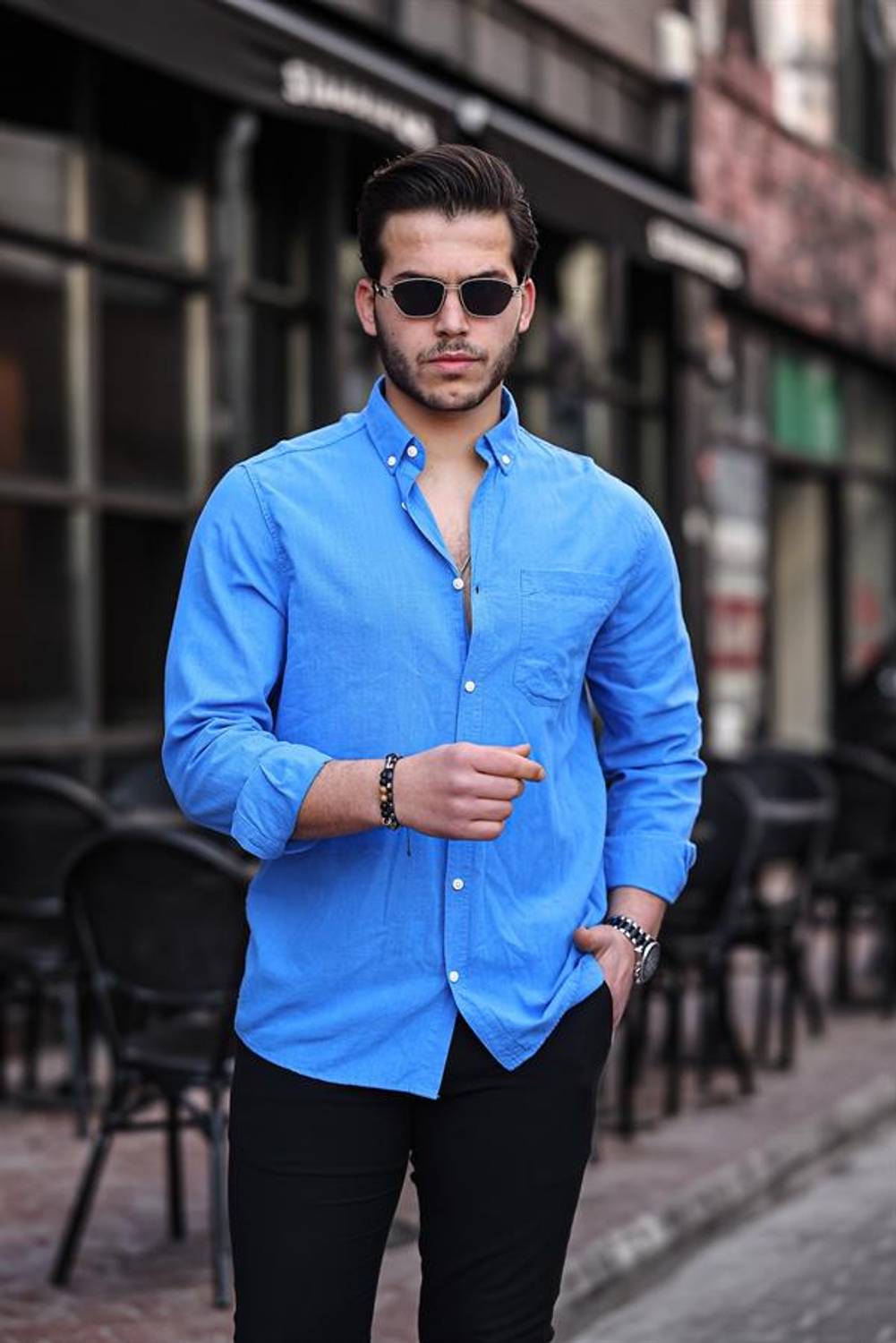 قميص Flam Linen بجيب واحد - أزرق ساكس