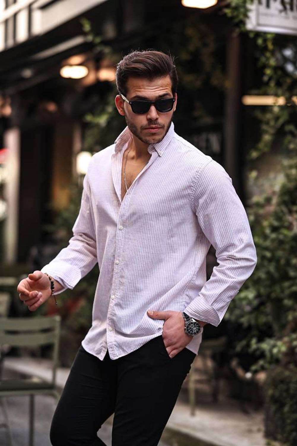 Straight Striped Flam Linen Shirt - Beige