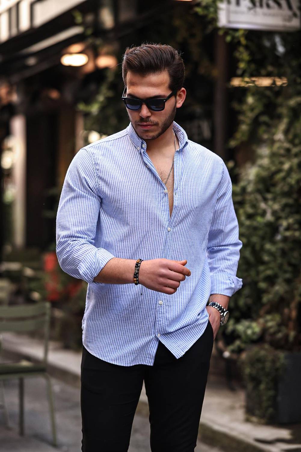 Sheer Striped Flam Linen Shirt - Blue