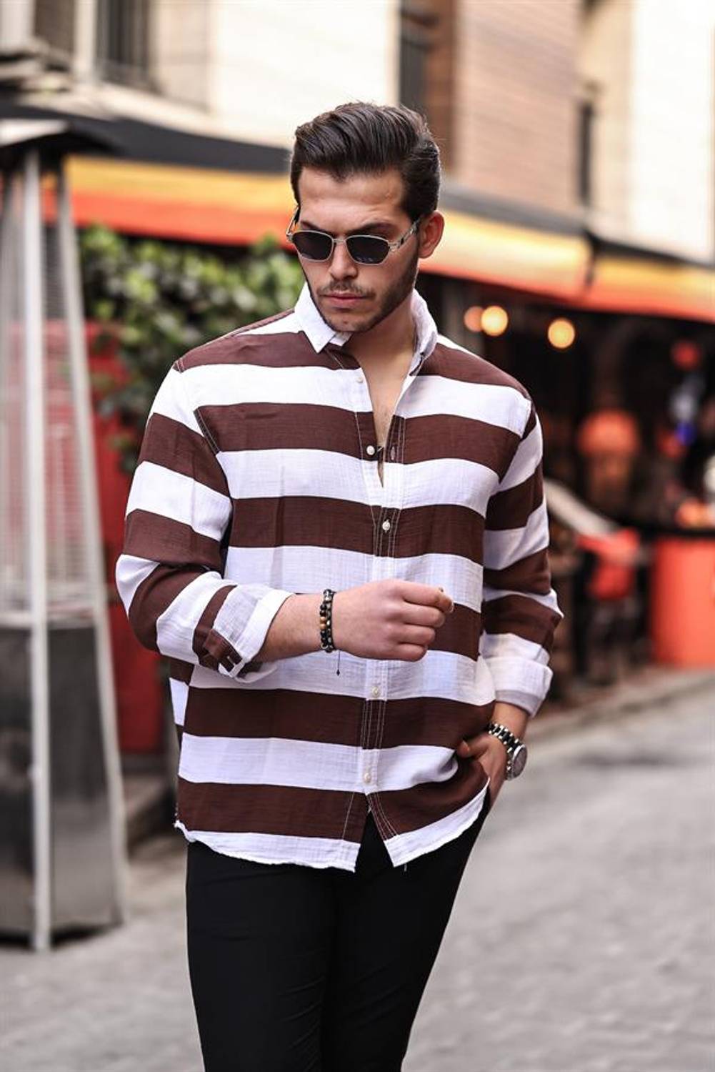 Striped Muslin Washed Shirt - Brown