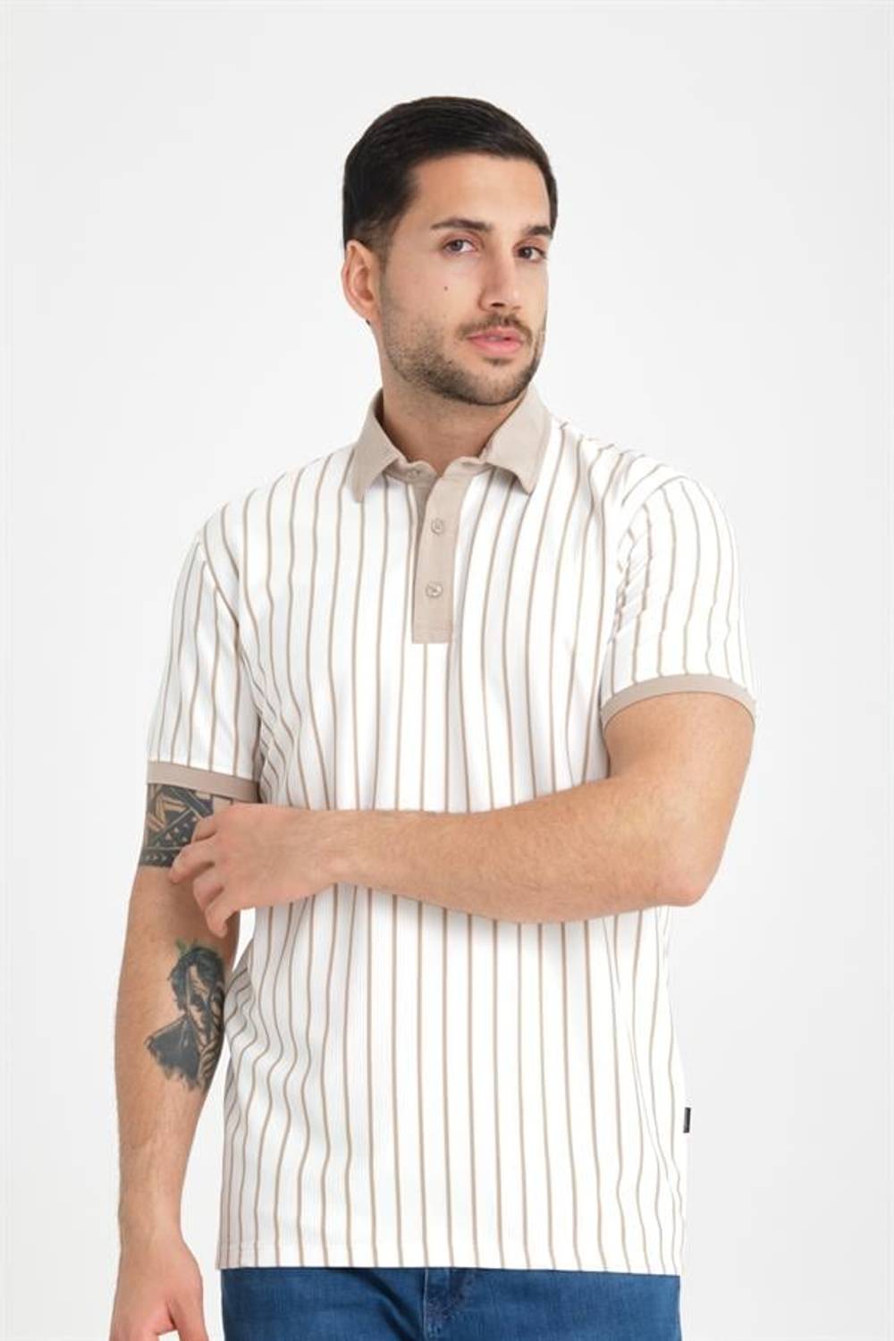 Premium Striped Polo Collar T-Shirt in Beige - Style Meets Comfort with an Elegant Sleek Design Available in Sizes S to XXL