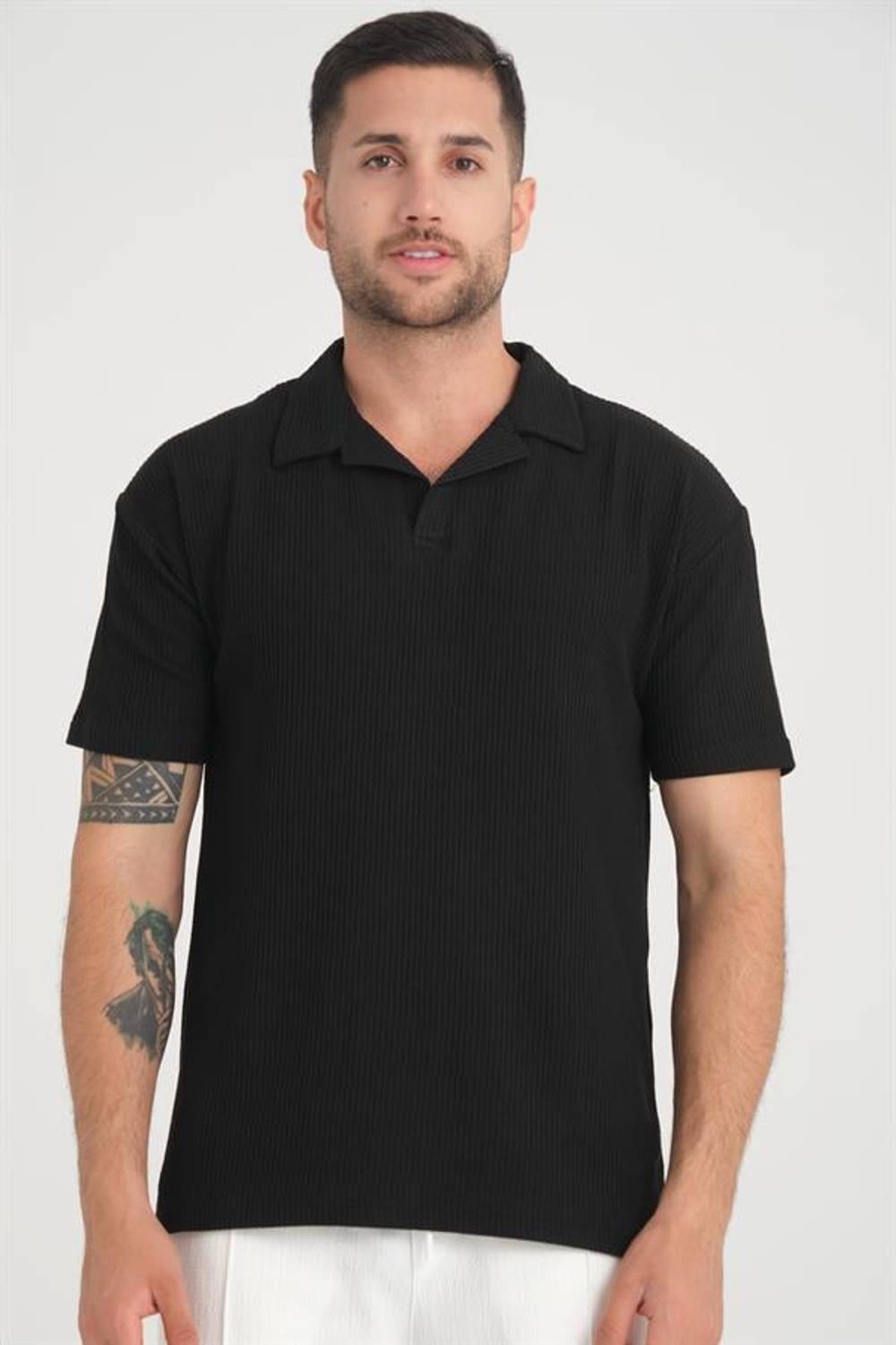 Premium V-Neck Oversize Ribbed T-Shirt - Black