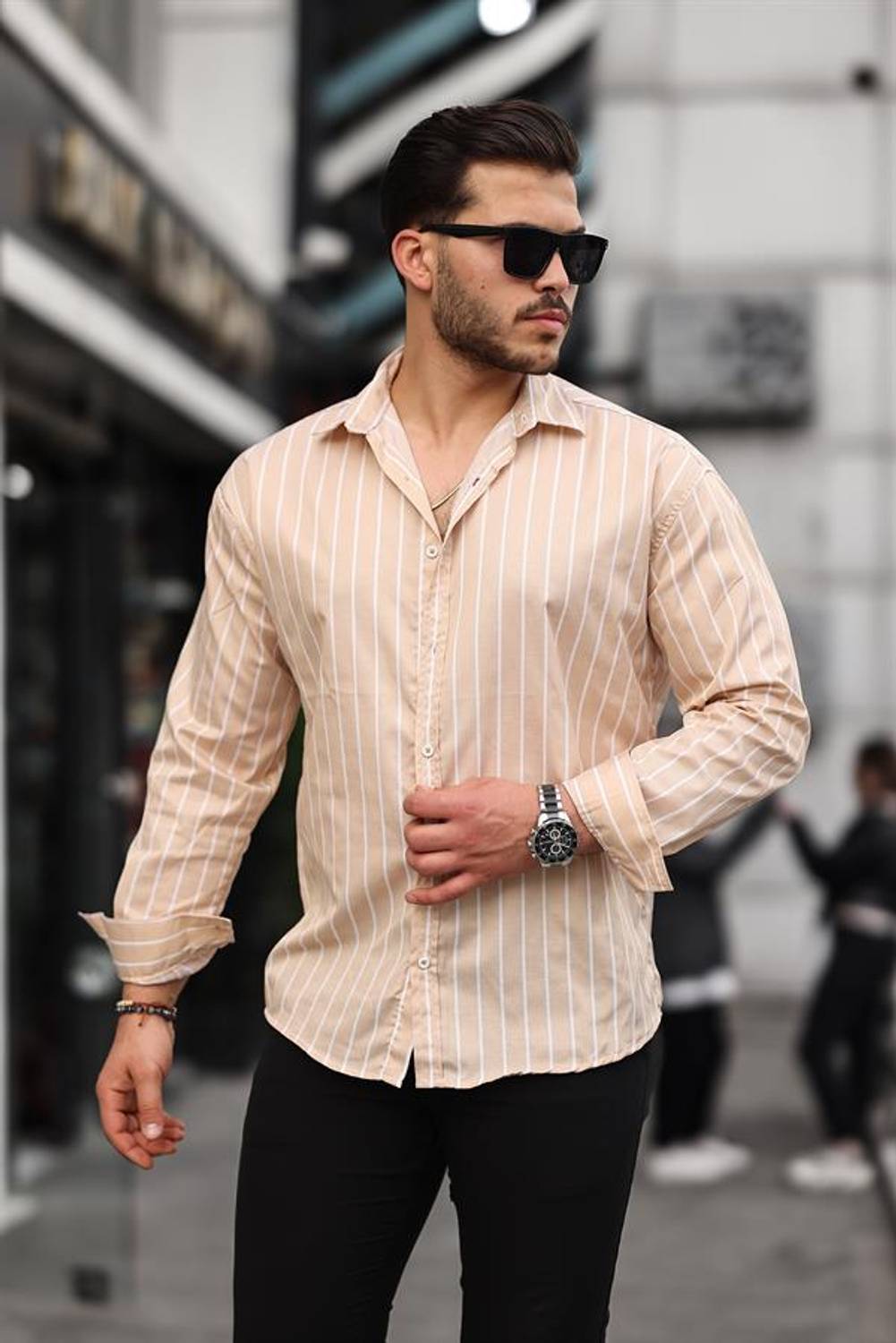 Oversize Çizgili Saten Gömlek- Bej