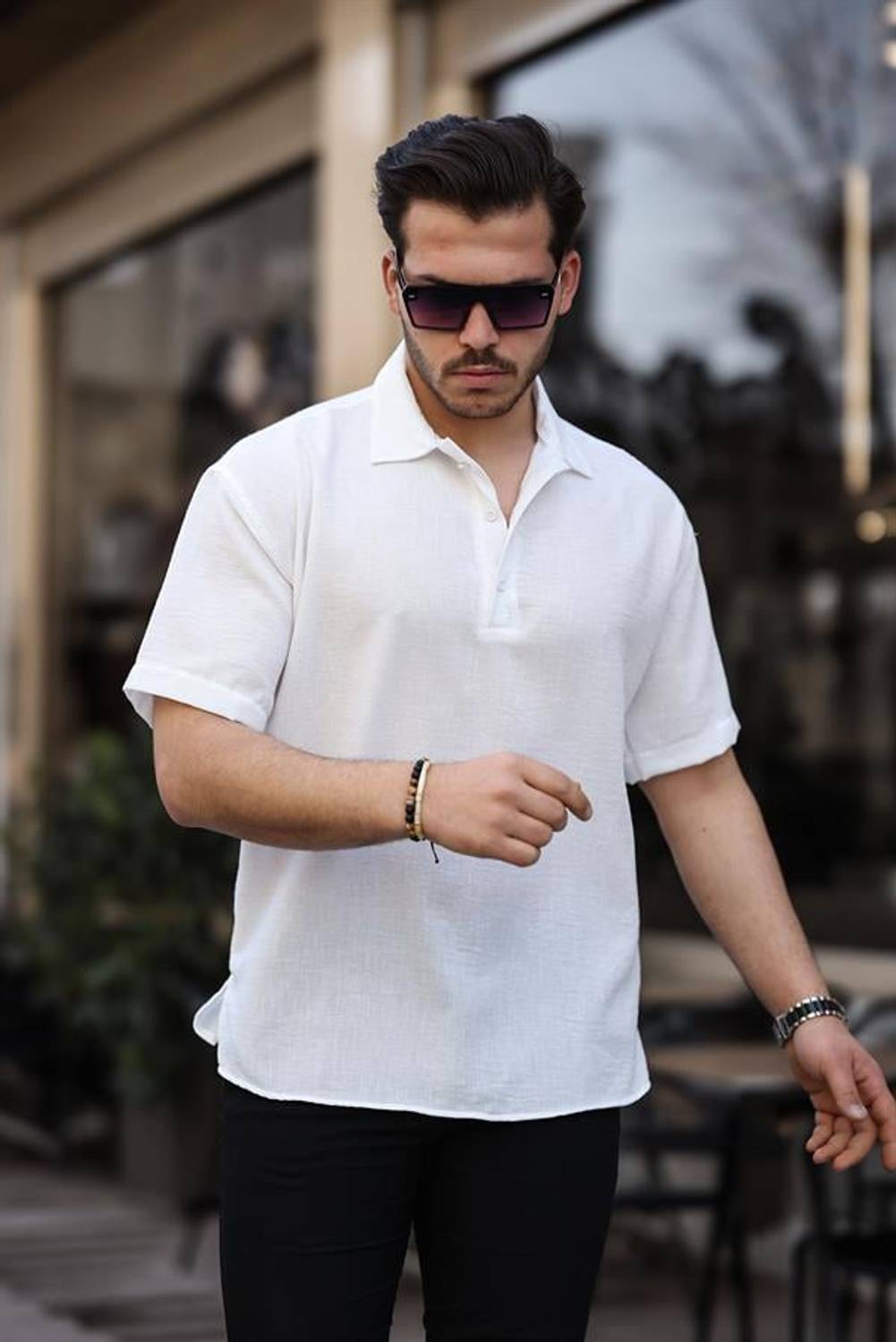 Polo Yaka Oversize Yarım Pat  Bambu Kısa Kol Gömlek - Beyaz