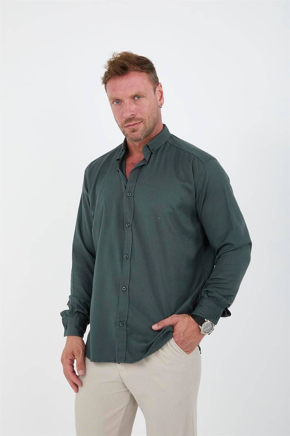 Erkek Oxford Kumaş Likralı Uzun Kol Gömlek - Çam Yeşili