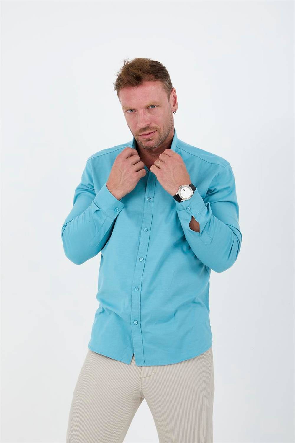 Oxford Kumaş Likralı Uzun Kol Gömlek -Cam Göbeği