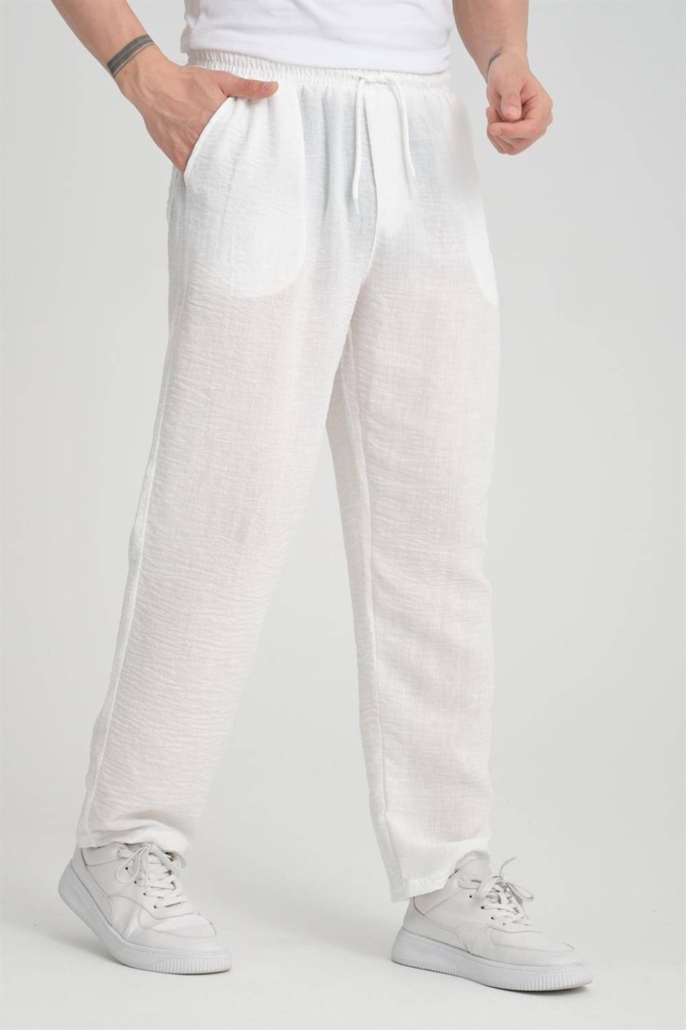 Aerobin Linen Baggy Trousers - White, Lightweight, Breathable Fabric, Elastic Adjustable Waist, Perfect for Casual and Special Events