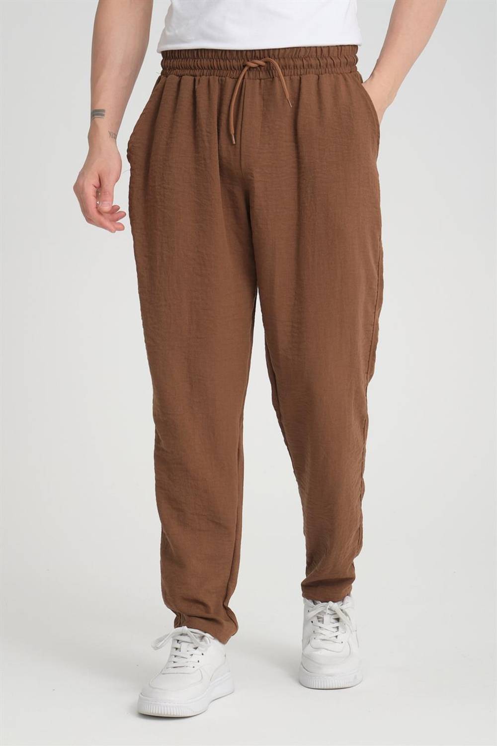 Aerobin Linen Baggy Pants - Brown, Lightweight, Breathable, Elastic Waist, Comfortable Fit for Casual and Special Events, Available in S, M, L, XL