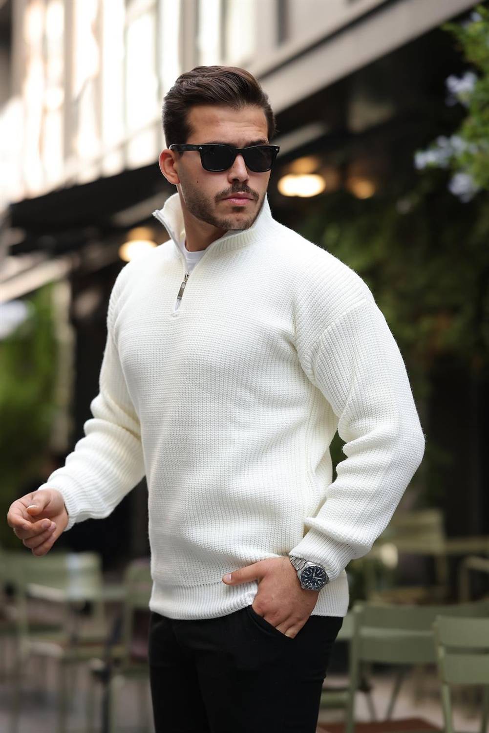 Oversize Selanik Örgü Yarım Fermuar Erkek Triko Kazak - Ekru